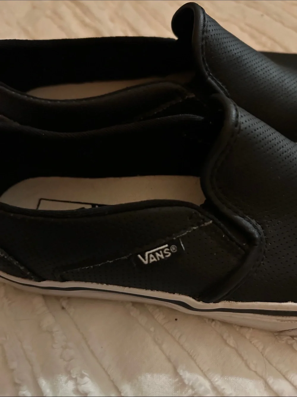Vans Black Leather Slip-On Shoes with White Sole